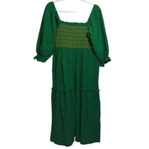 Chicwish Floret Embroidery Square Neck Midi Dress in Green Gauzy Cotton Size XL